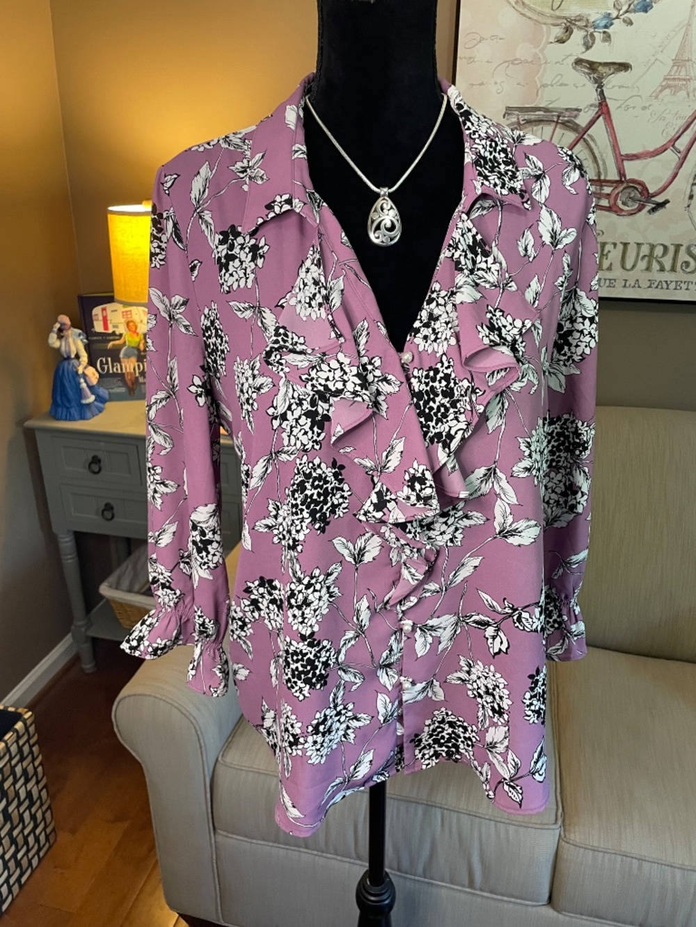 KARL‎ LAGERFELD PARIS Purple Floral Ruffle Front Button Down Blouse, SZ XL